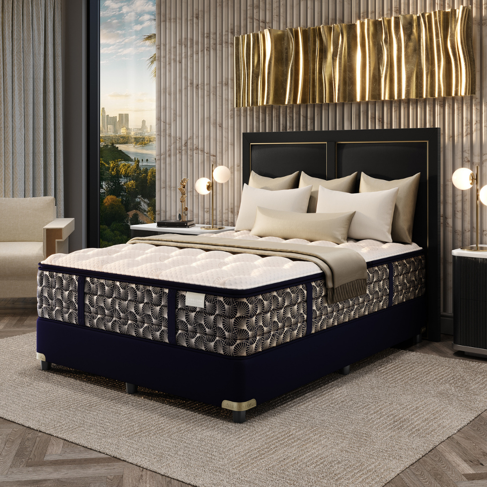 Luxury Aireloom Karpen mattress in an elegant Scottsdale bedroom with sunset ocean view